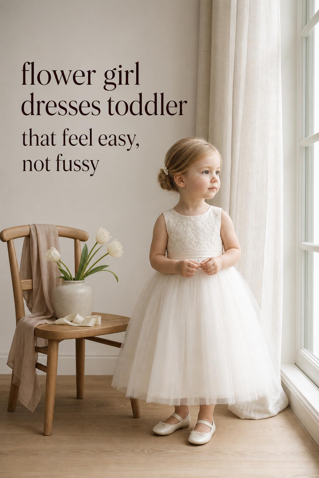 flower girl dresses toddler inspiration in a Scandinavian bridal suite, toddler in ivory tulle dress by a window