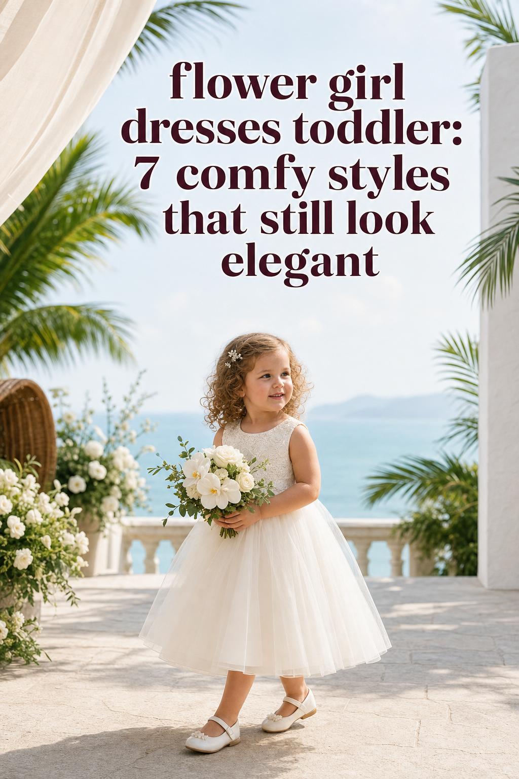 Flower girl dresses toddler in ivory tulle dress holding orchids on a luxury tropical wedding terrace with ocean backdrop
