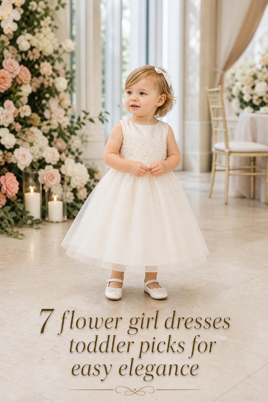 Flower girl dresses toddler style: stylish toddler in ivory tulle wedding dress standing in a bright modern venue