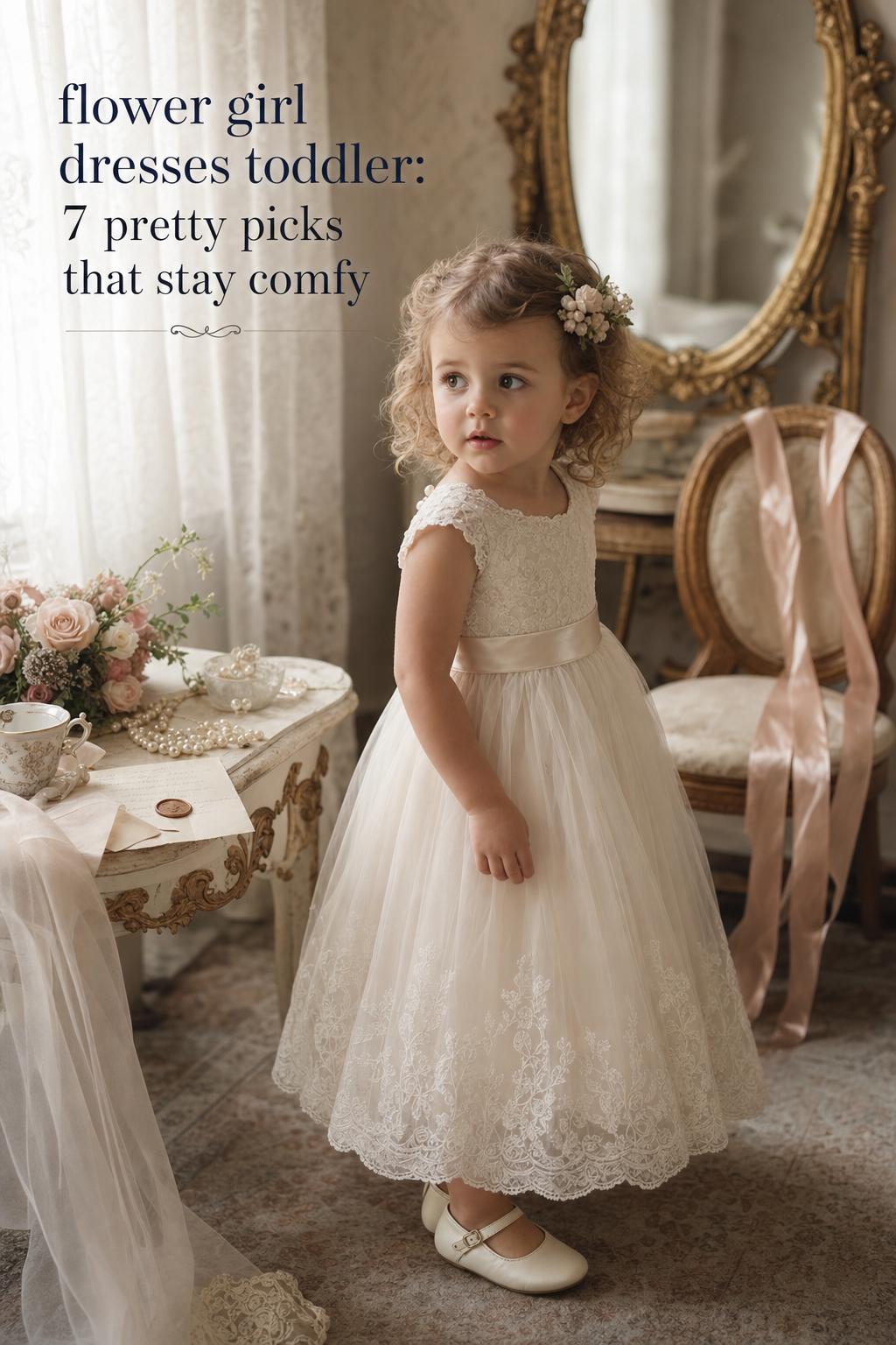 Flower girl dresses toddler in vintage ivory lace tulle by a lace-curtained window, warm morning light and heirloom details