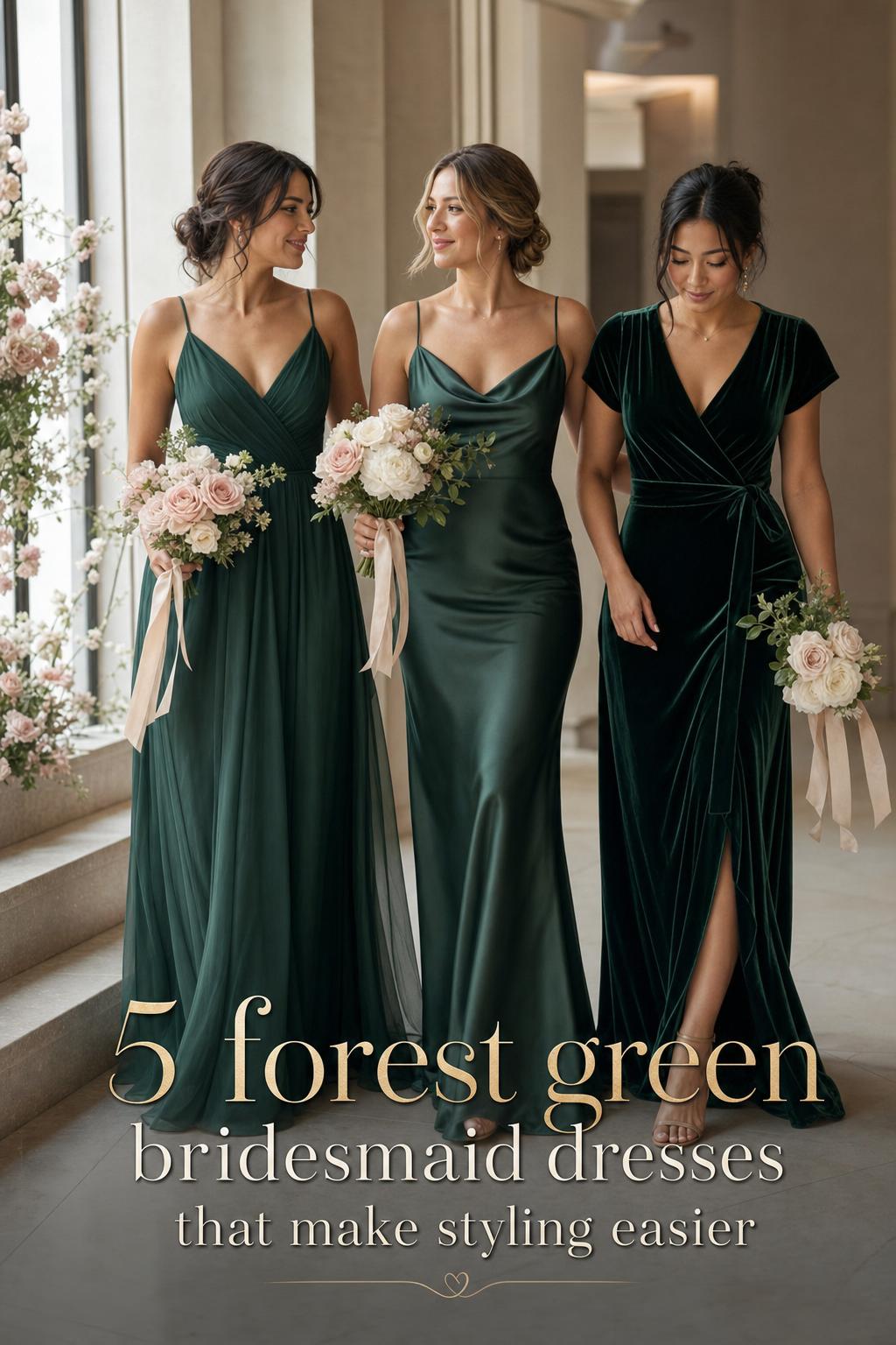 Forest green bridesmaid dresses in coordinated chiffon, satin, and velvet gowns in a modern wedding venue with soft window light