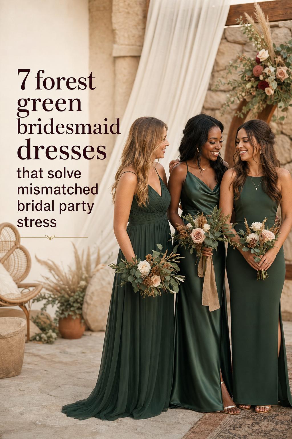 Forest green bridesmaid dresses inspiration in a golden hour boho garden wedding, three bridesmaids in mixed luxe fabrics