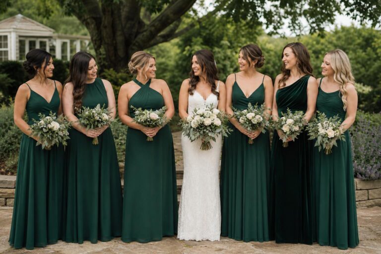 Bridal party wearing forest green bridesmaid dresses in an outdoor garden venue with soft natural light