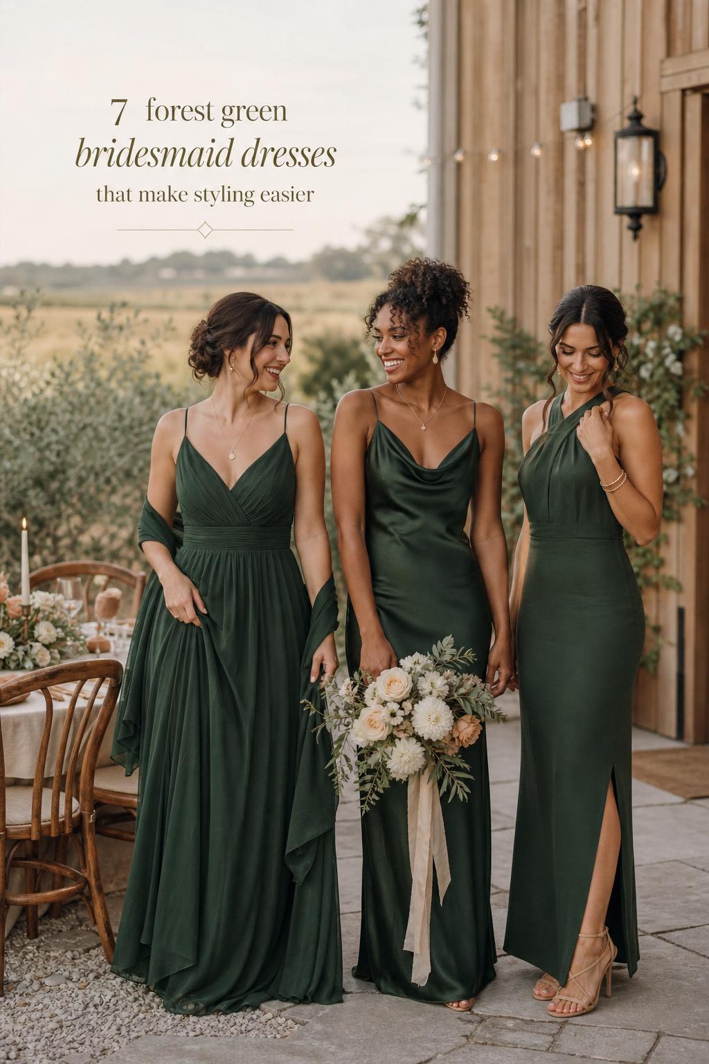 Forest green bridesmaid dresses in golden-hour countryside estate garden, elegant rustic wedding party styling moment