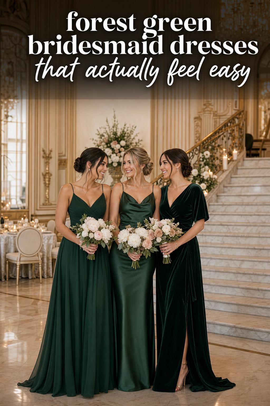 Forest green bridesmaid dresses in an outdoor woodland wedding portrait