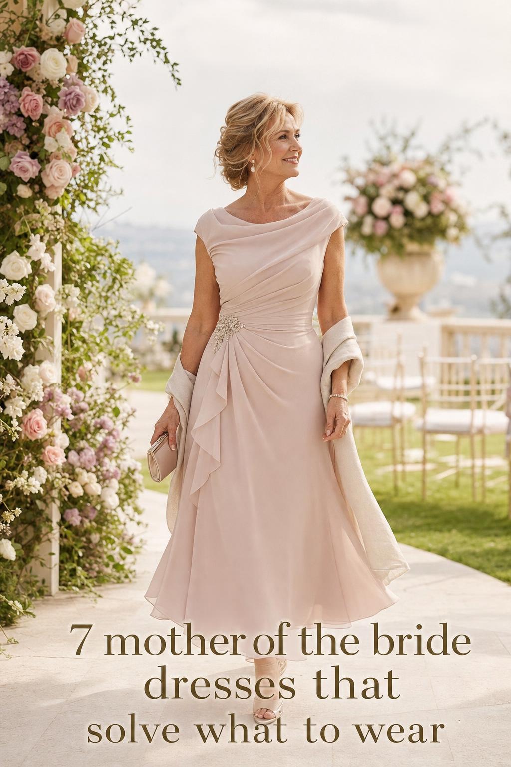 Elegant garden portrait of a woman in mother of the bride dresses, wearing a blush chiffon A-line gown at an outdoor wedding
