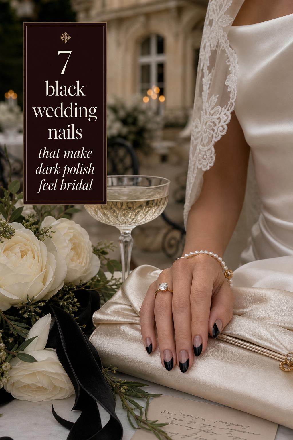 Close-up bride hand with glossy black wedding nails on champagne silk clutch beside roses and crystal coupe at villa terrace