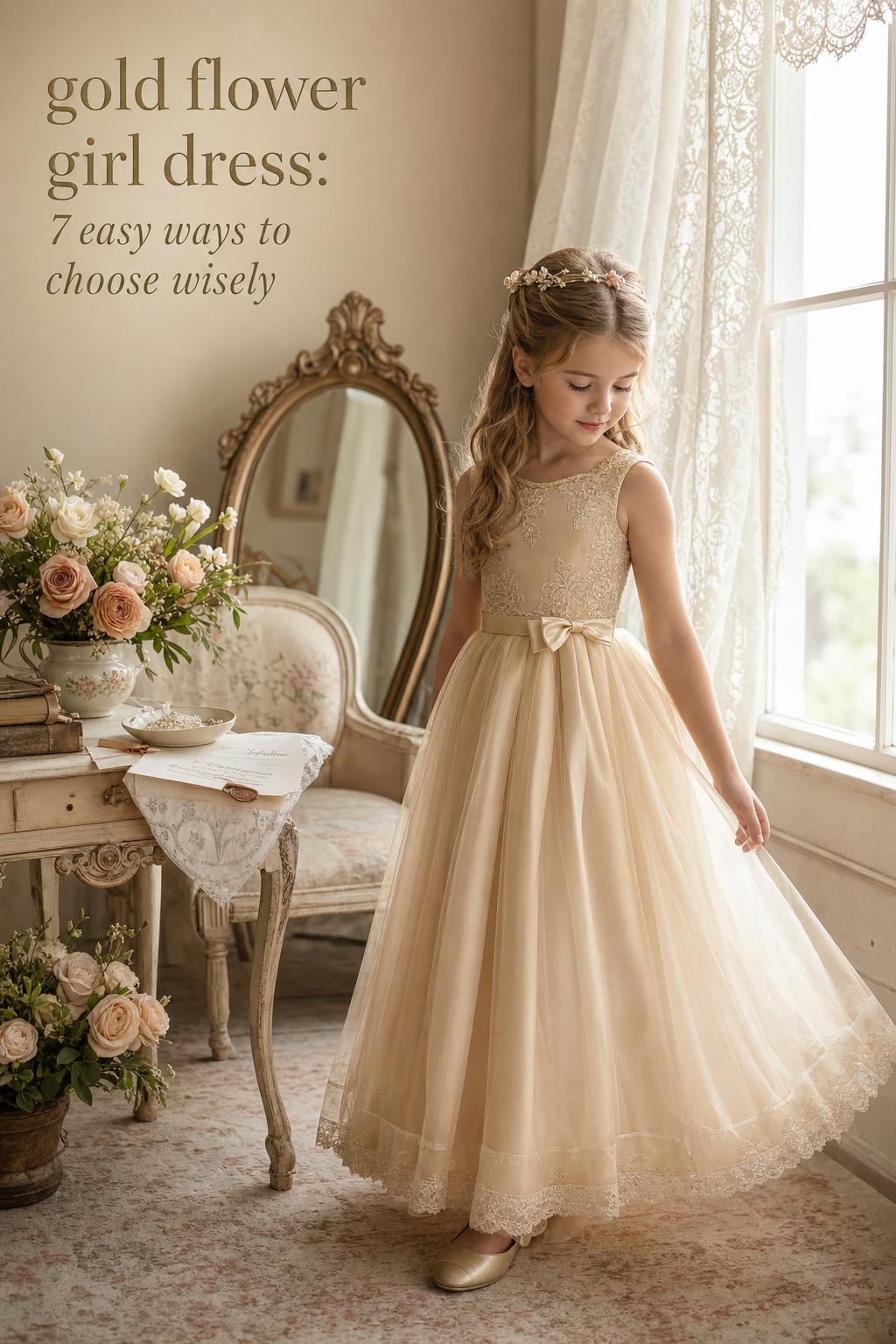 Gold flower girl dress in champagne satin and tulle by a sunlit antique window in a vintage bridal suite