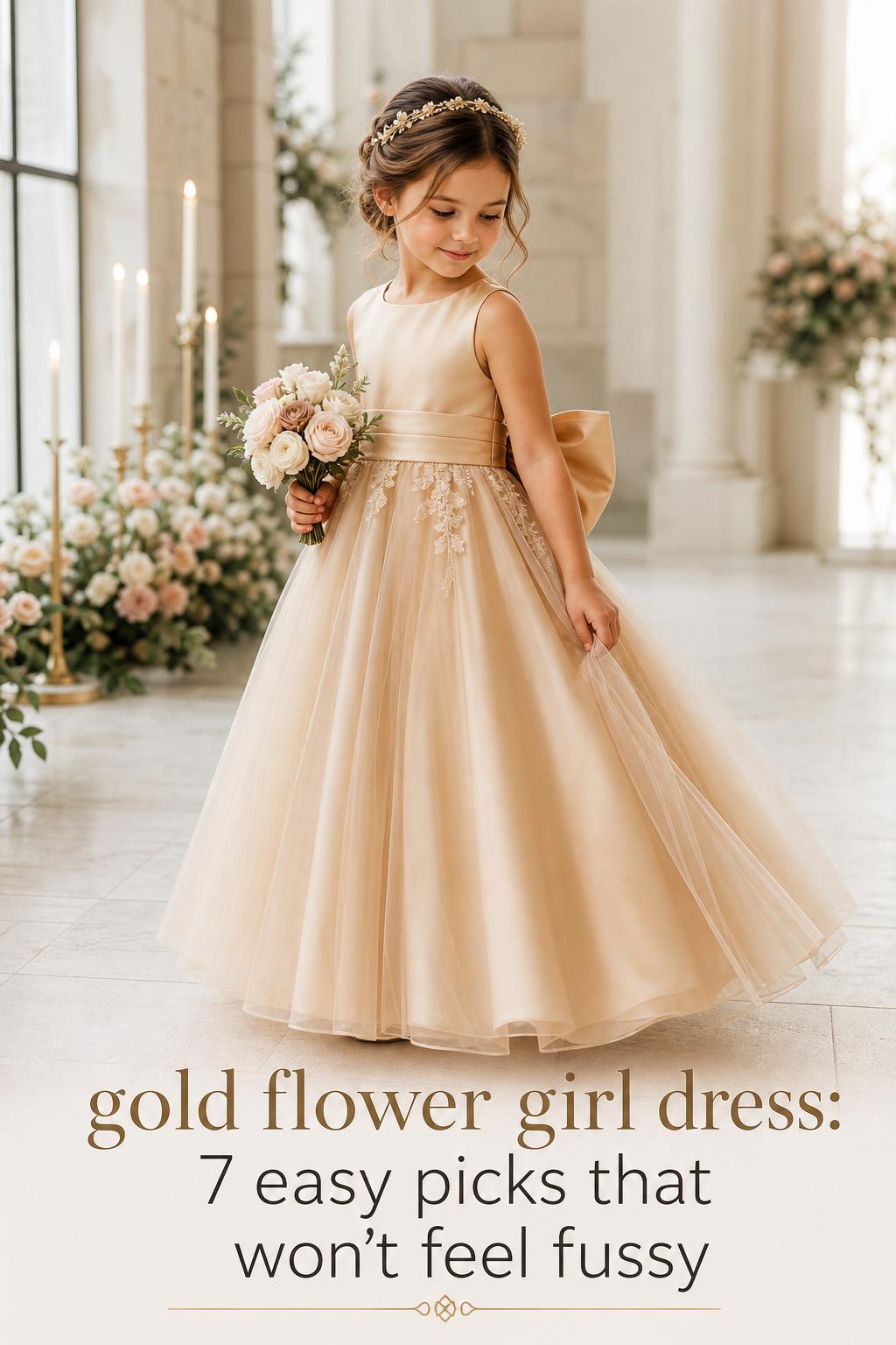 Gold flower girl dress in a modern wedding venue, ankle-length champagne satin and tulle with soft daylight and floral bouquet