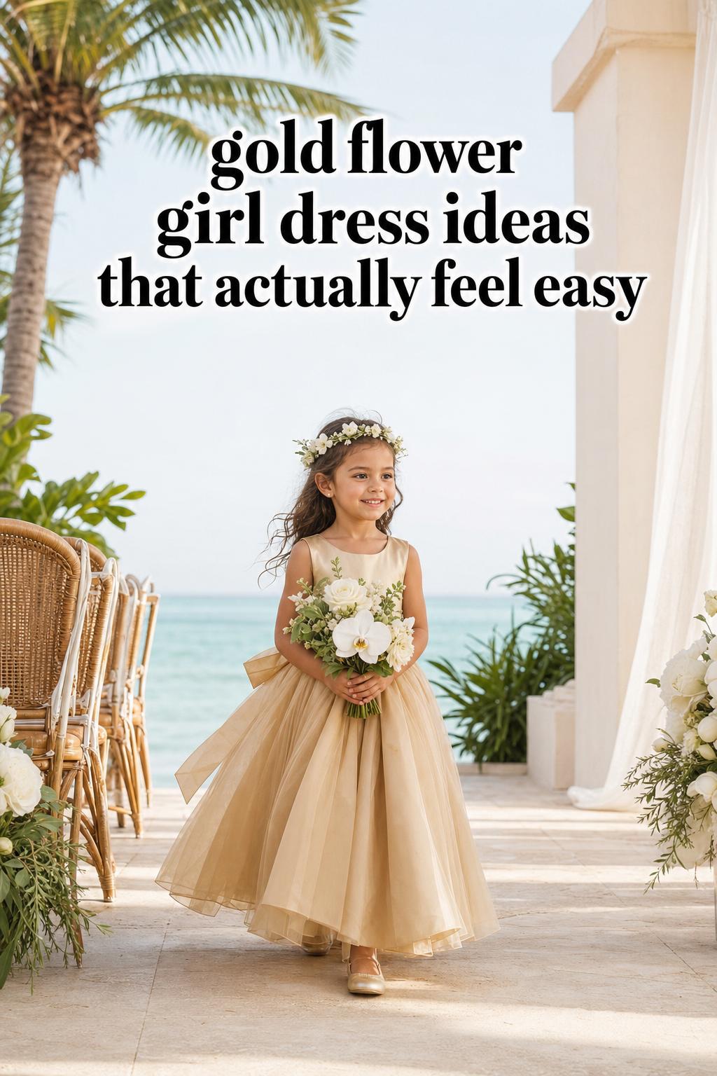 Gold flower girl dress on a child walking an oceanfront resort aisle with orchids, tropical luxury wedding backdrop