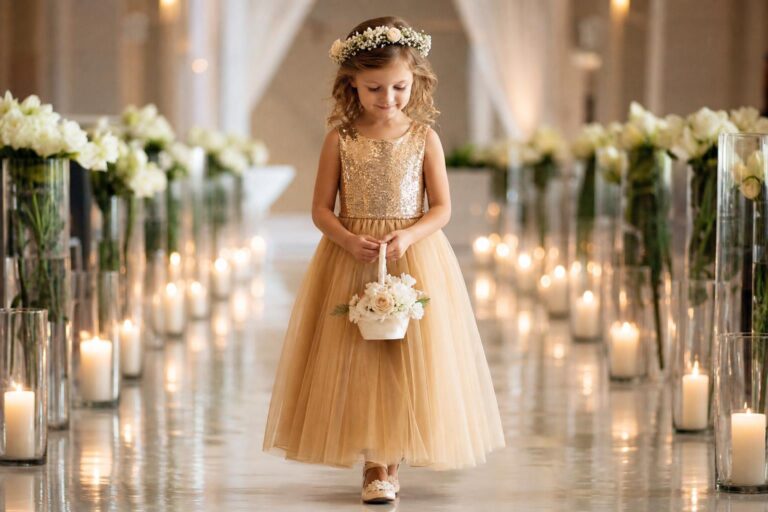 Gold flower girl dress in satin A-line with bow detail, photographed in soft wedding light for a classic ceremony look