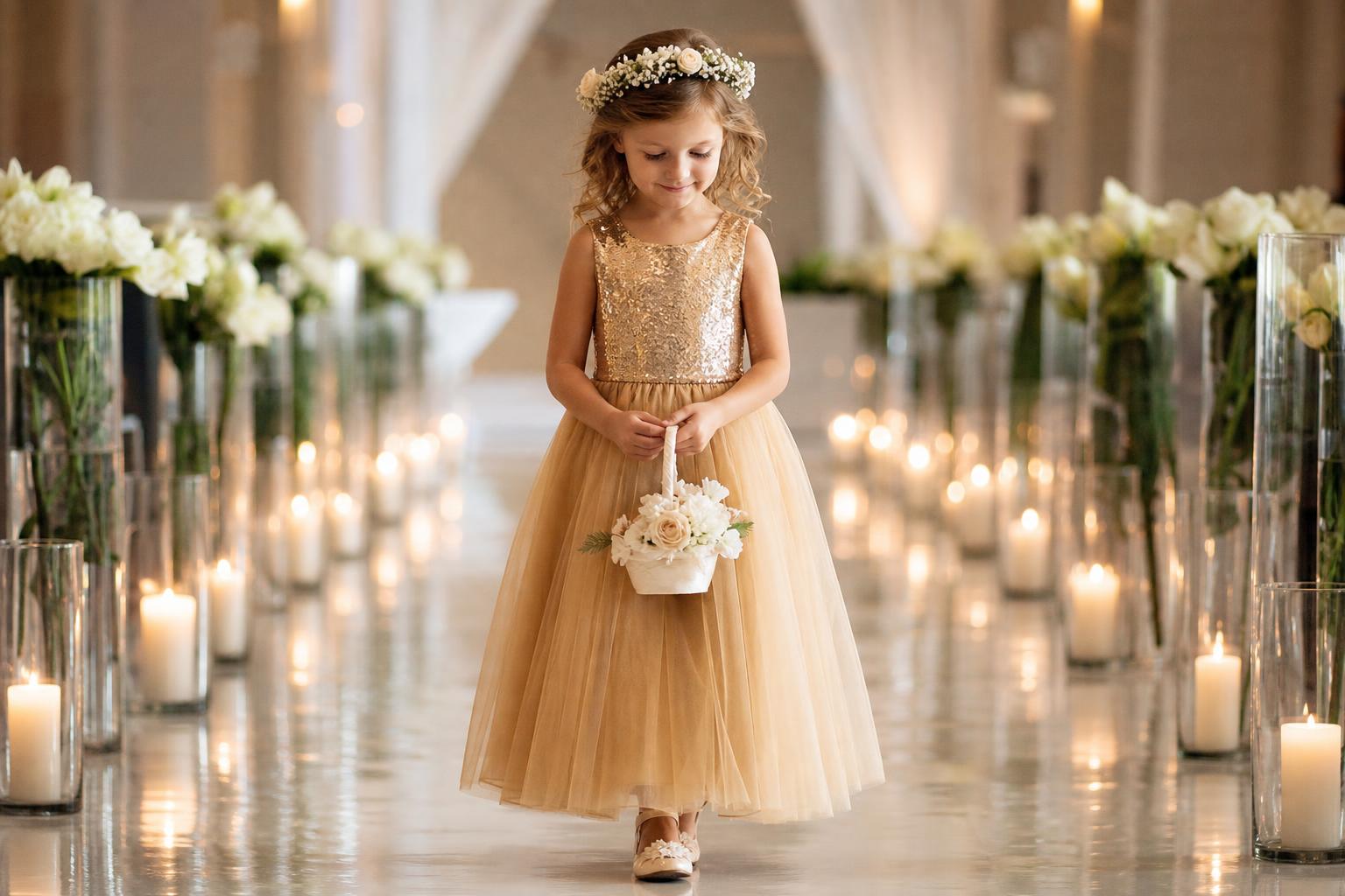 Gold flower girl dress in satin A-line with bow detail, photographed in soft wedding light for a classic ceremony look