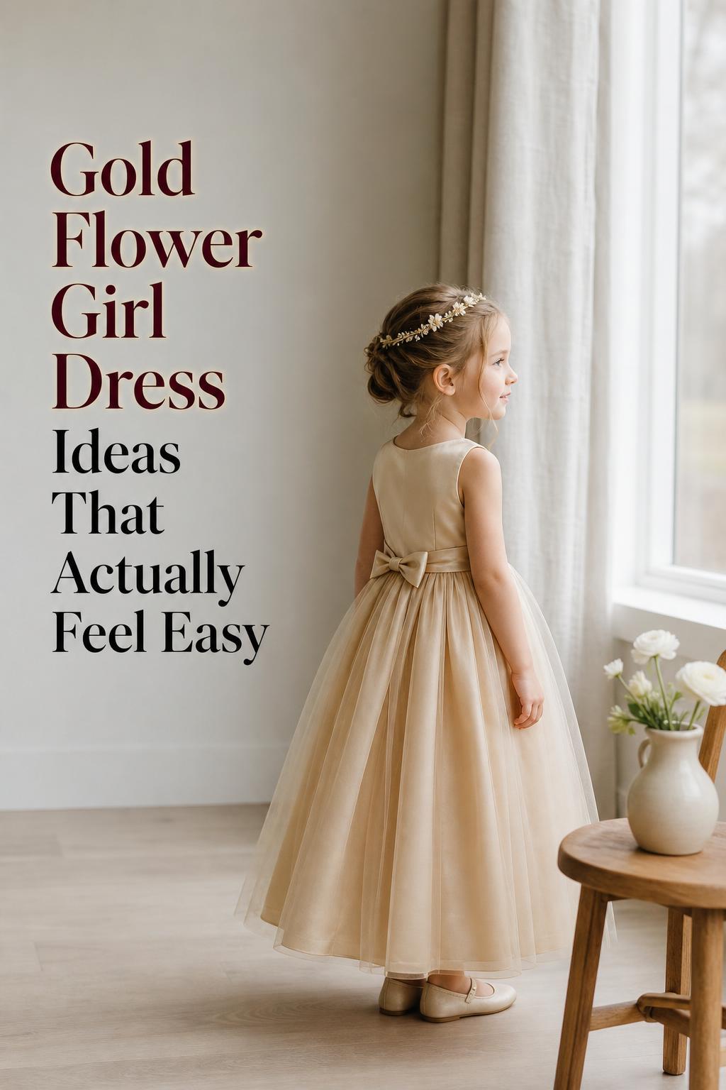 Gold flower girl dress in a Scandinavian bridal suite, young girl by a bright window in champagne satin and tulle.