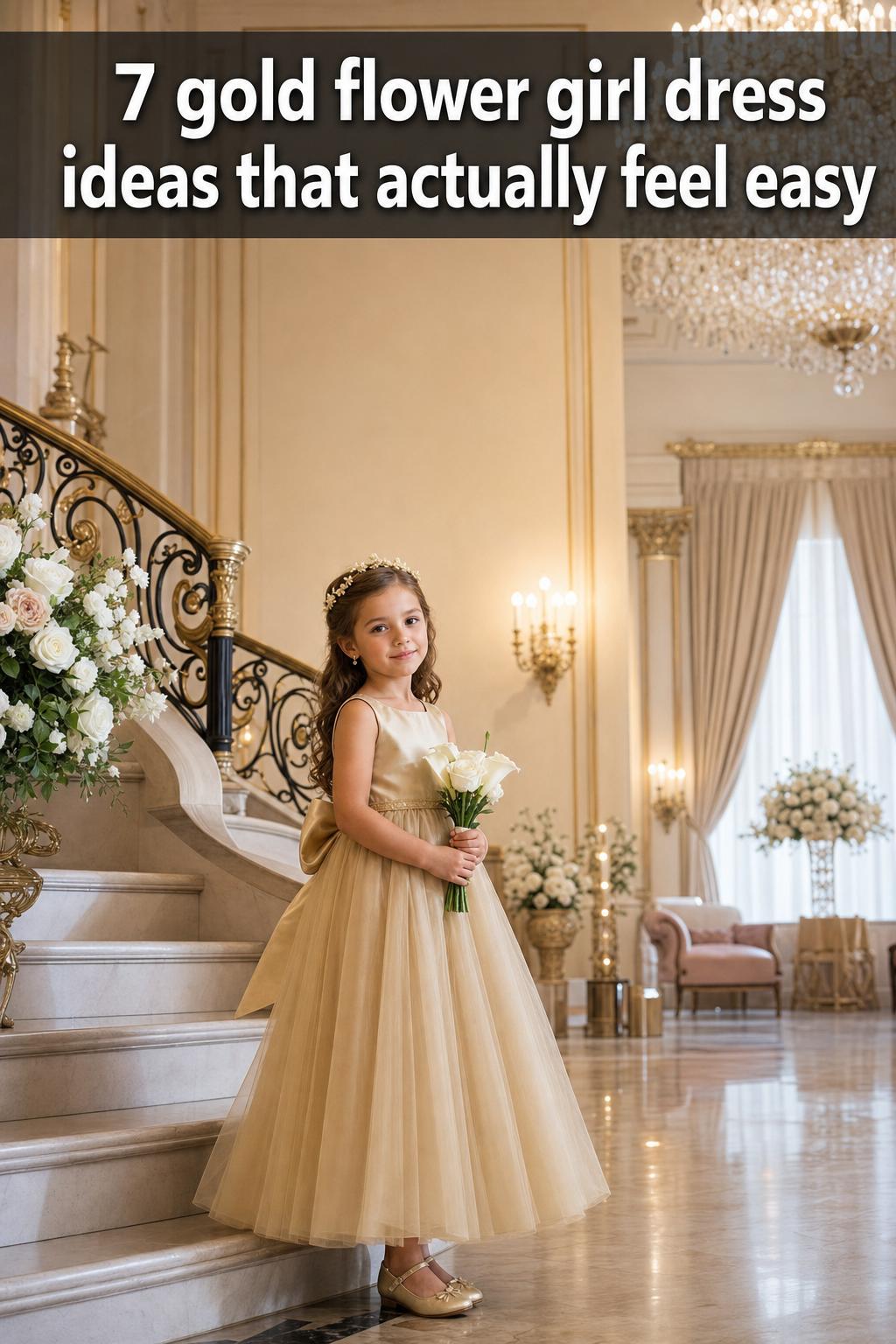 Gold flower girl dress in a dreamy wedding portrait with soft natural light