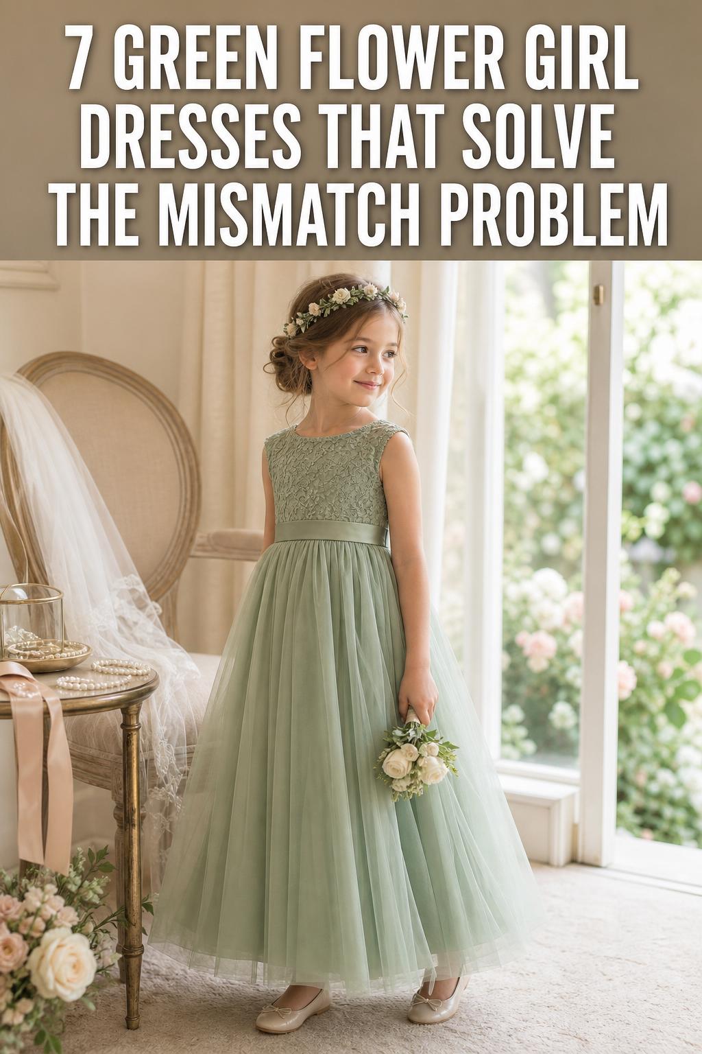 Green flower girl dresses in a garden wedding, two girls in matching satin gowns holding bouquets