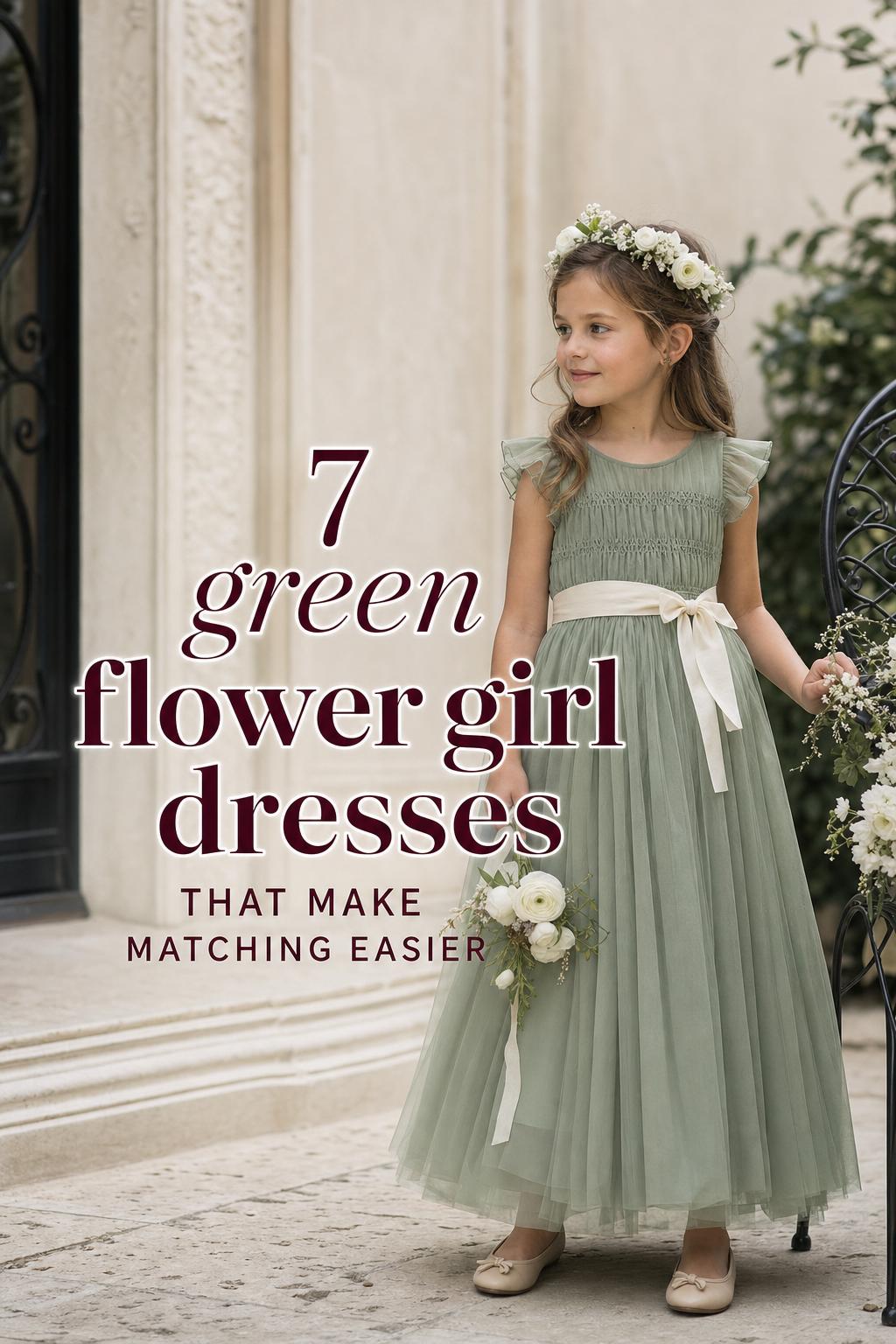 Green flower girl dresses in a Parisian courtyard, sage chiffon and tulle gown with floral crown and ivory sash