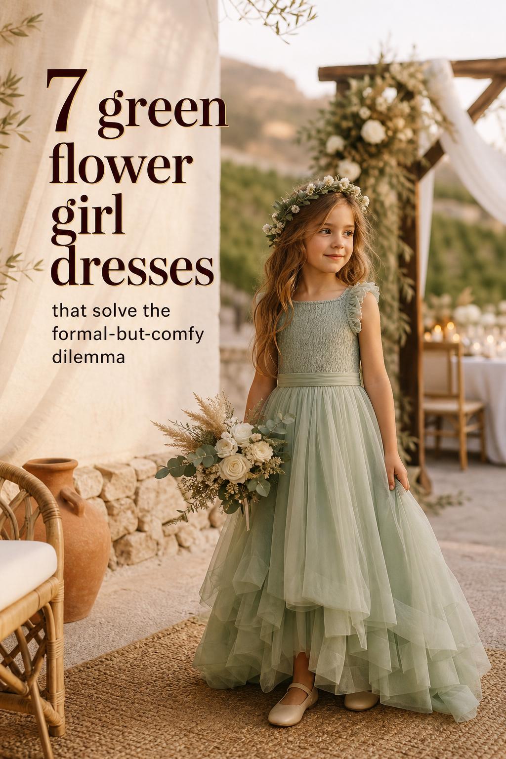 Green flower girl dresses inspiration: flower girl in sage green chiffon tulle dress holding ivory roses at a boho garden wedding