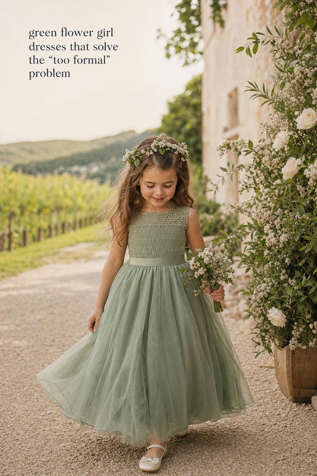 Green flower girl dresses in sage chiffon and tulle on a vineyard path at a rustic elegant countryside wedding
