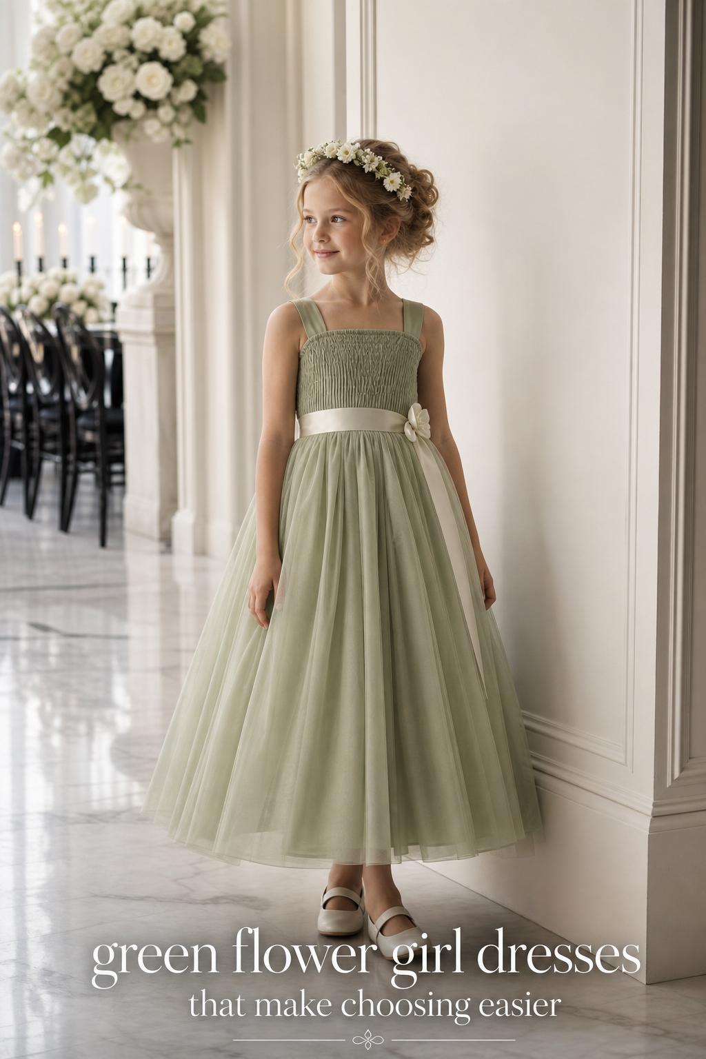 Flower girl in an elegant sage gown, showcasing green flower girl dresses in a modern monochrome luxury wedding setting