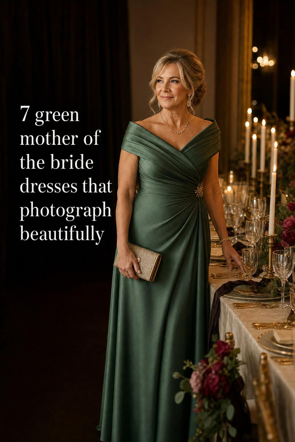 Green mother of the bride dresses in moody candlelit reception, elegant woman in deep emerald gown beside a styled table