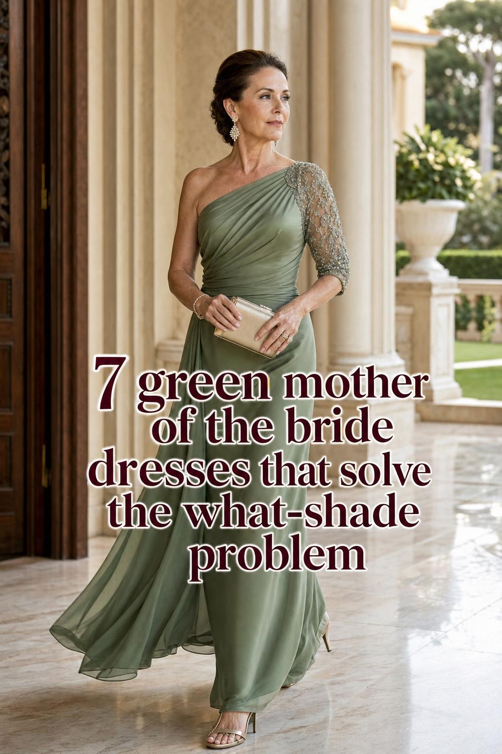 Elegant mature woman in emerald satin dress at luxury venue, showcasing green mother of the bride dresses