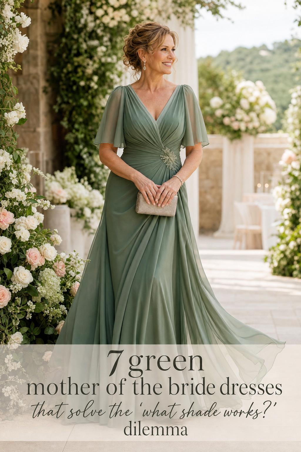 Elegant woman in a sage-to-emerald gown at a garden wedding, showcasing green mother of the bride dresses