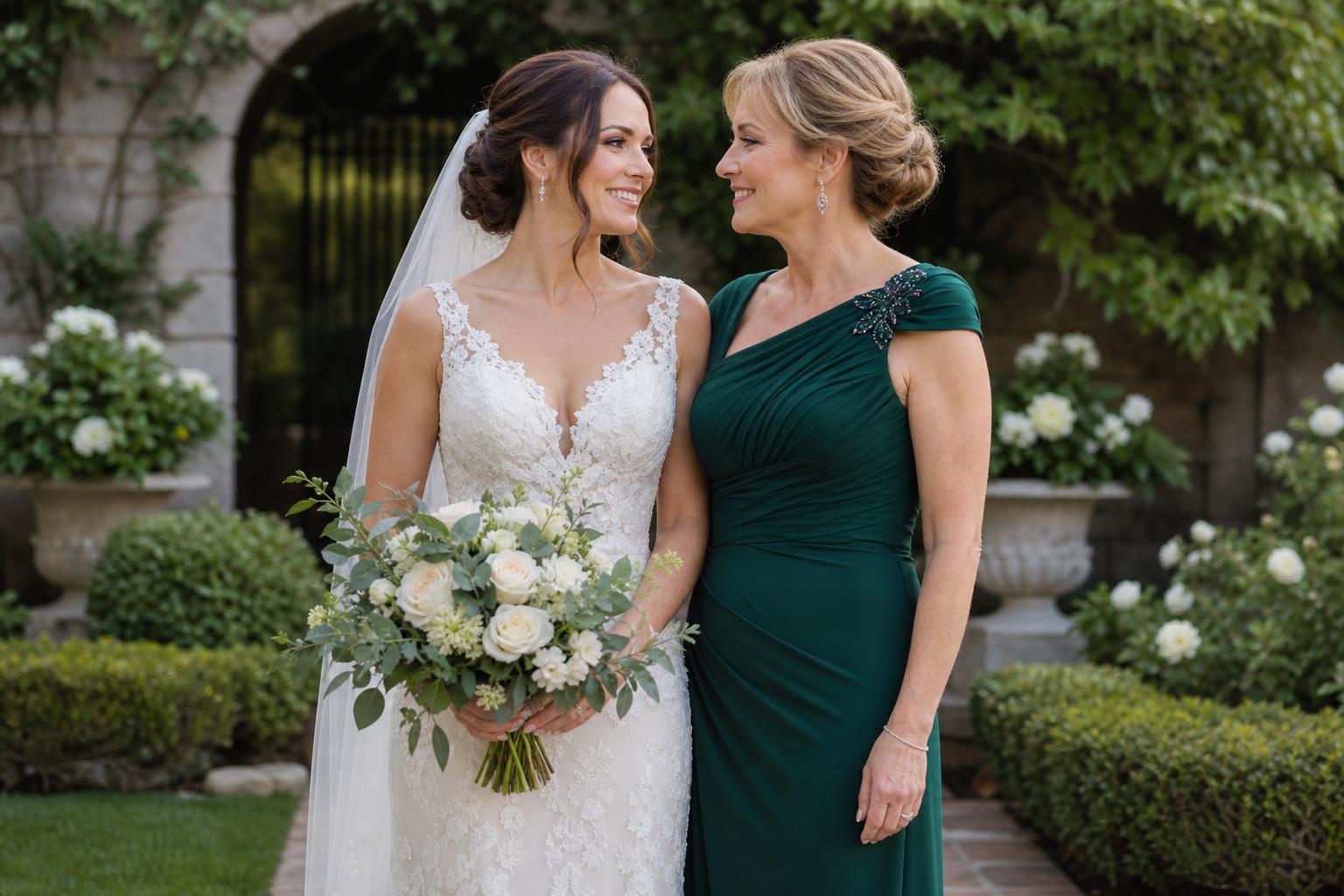 Elegant green mother of the bride dresses in sage, emerald, and hunter tones for formal wedding portraits