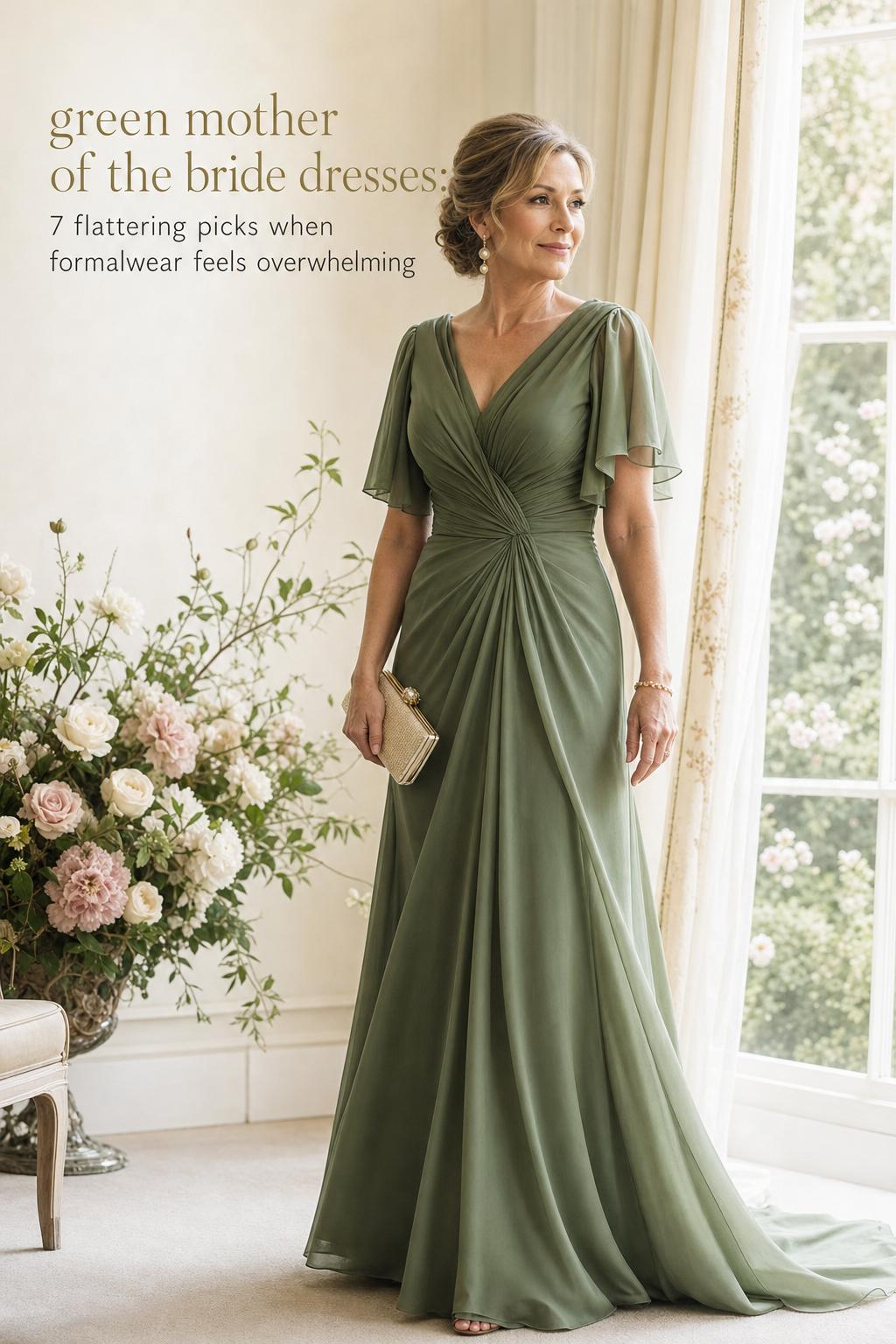 Green mother of the bride dresses: elegant mature woman in a sage gown by a sunlit window in a refined wedding venue