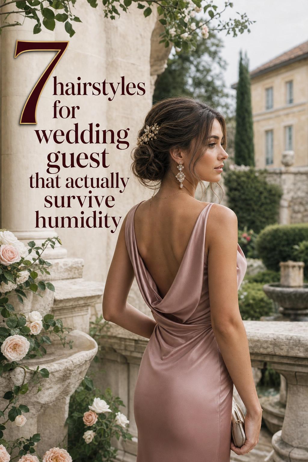 Hairstyles for wedding guest inspiration: elegant low chignon on a poised woman in a European villa garden terrace