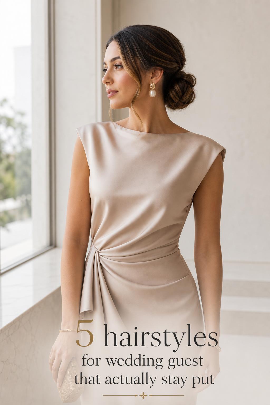Hairstyles for wedding guest with sleek low bun and pearl earrings in a bright luxury hotel suite by the window
