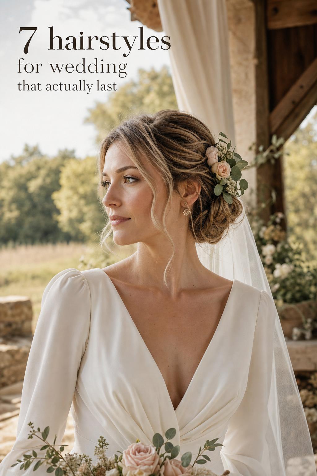 Hairstyles for wedding: bride with low bun and garden rose eucalyptus accents in rustic countryside barn portrait