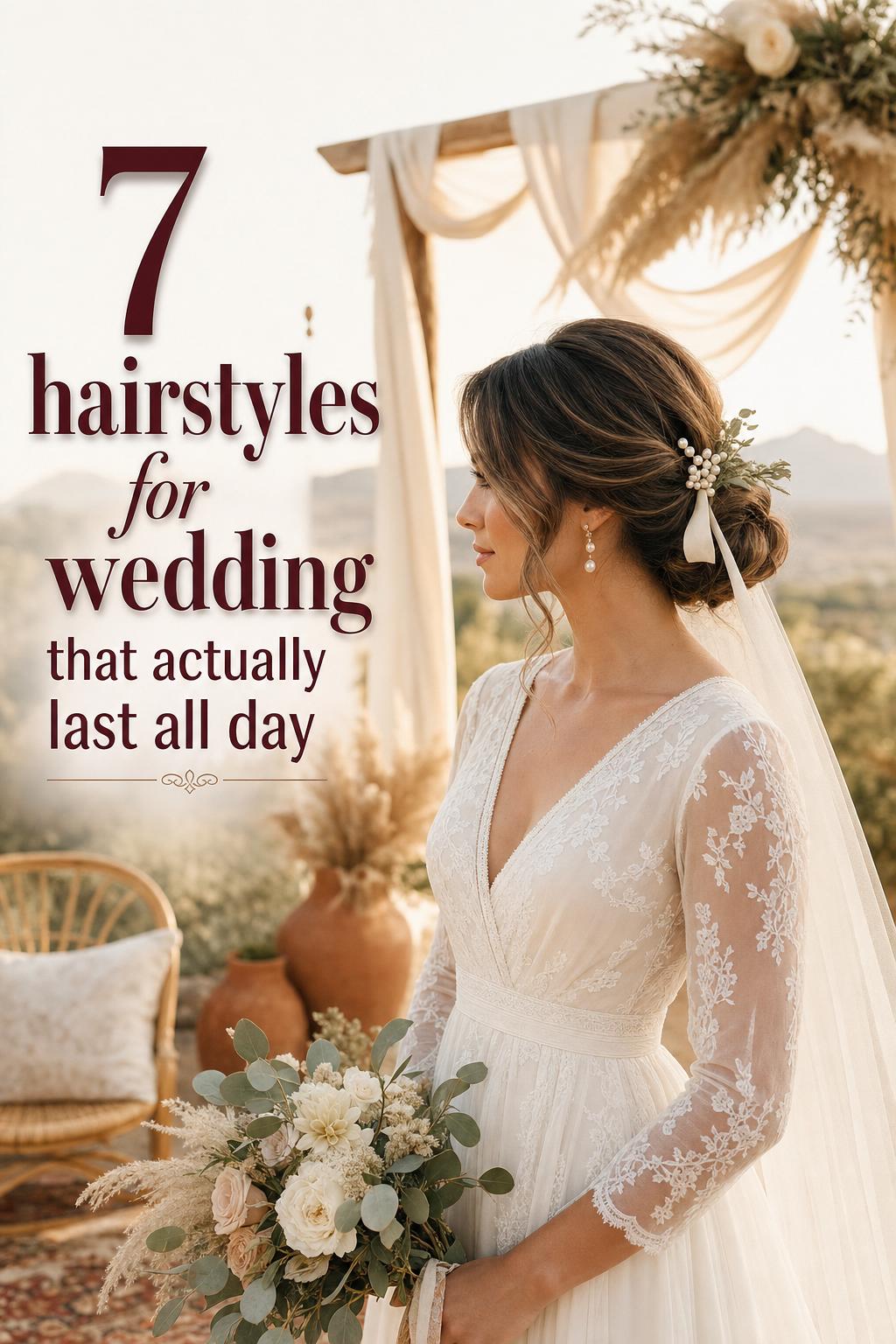 Hairstyles for wedding: bride with low textured bun, pearl pin and veil in a boho luxe garden-desert setting