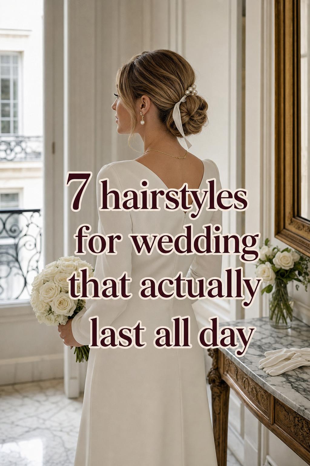 Hairstyles for wedding inspiration: chic bride in ivory dress with low bun and pearl pins in a Parisian hallway