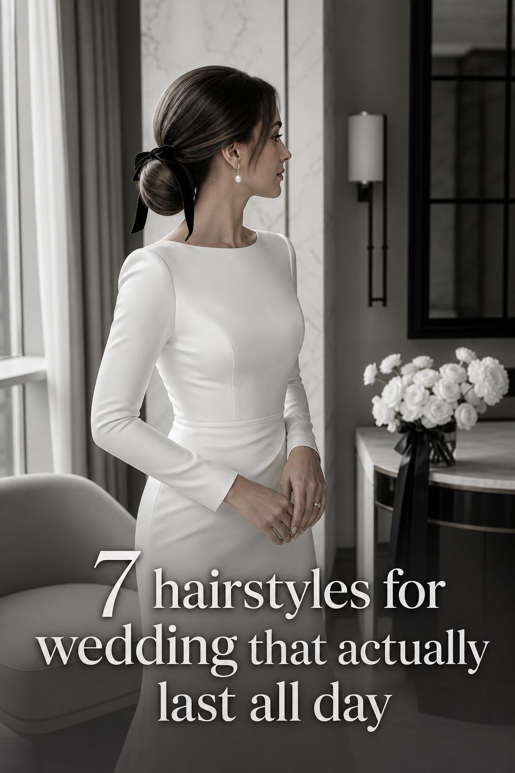 Hairstyles for wedding: bride with sleek low bun, black velvet ribbon and pearl earrings in a monochrome luxury bridal suite