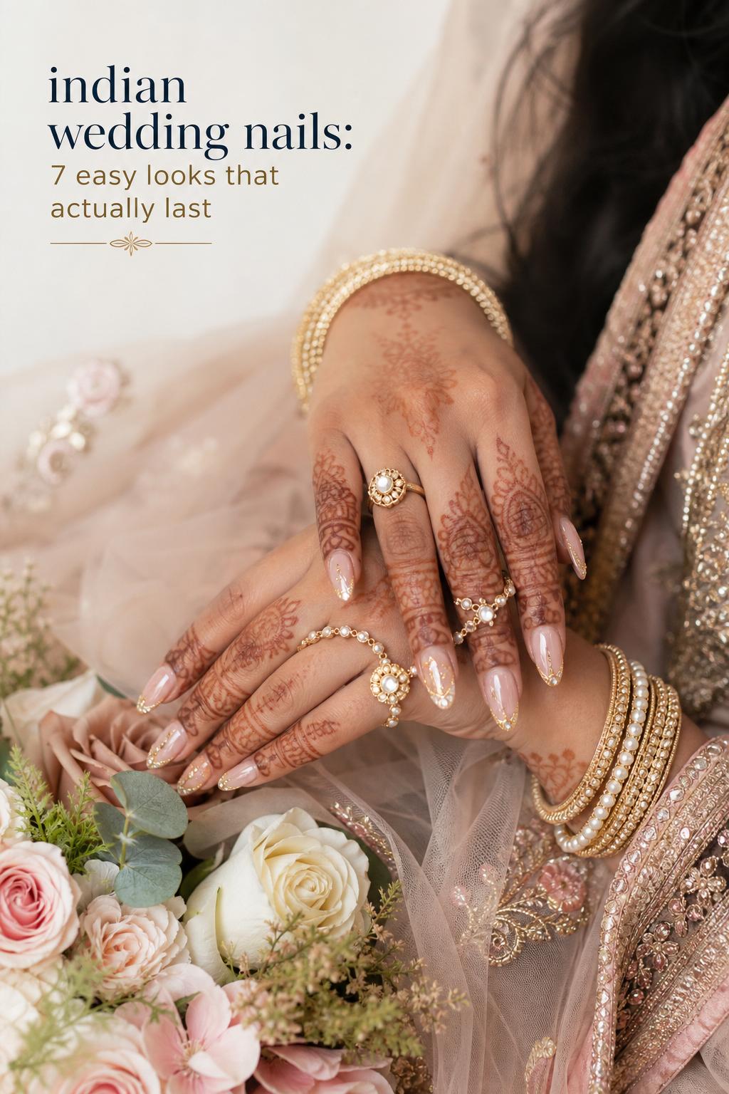 Indian wedding nails close-up with bridal mehndi, gold bangles, and blush nude manicure in soft natural light