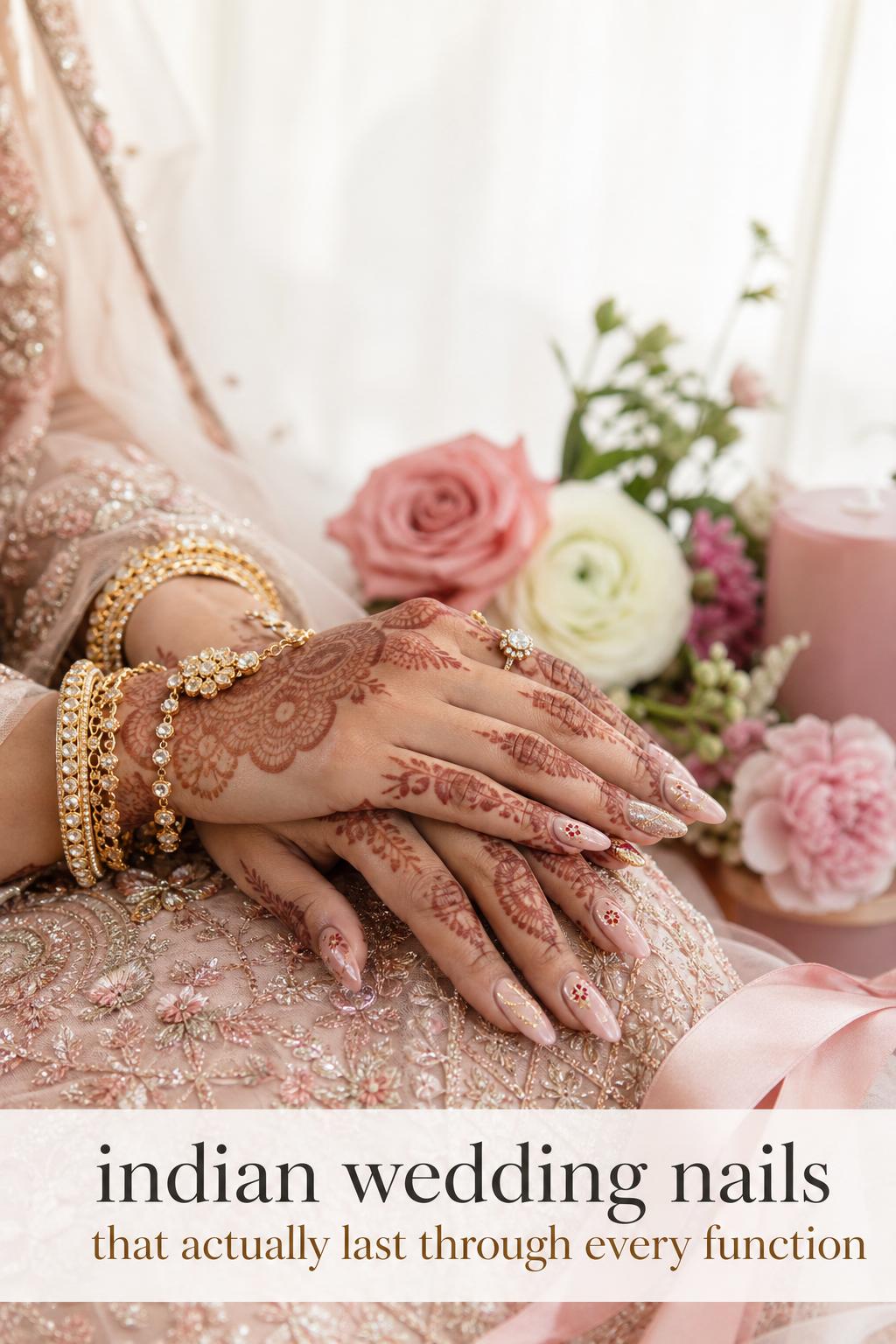 Bridal hands with mehndi, gold jewelry, and indian wedding nails in nude-pink with red-gold accents and crystals