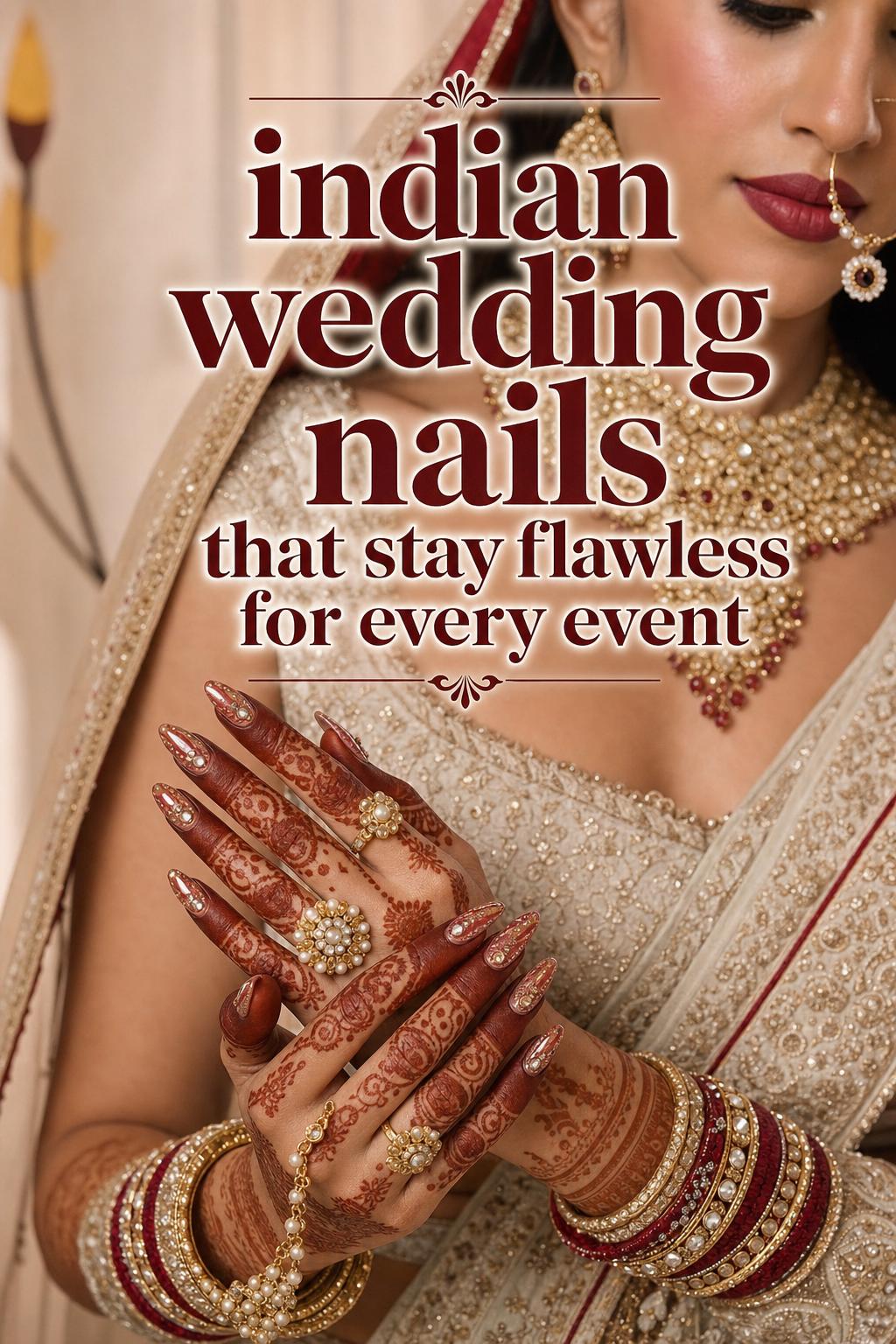 Indian wedding nails in bridal red and gold chrome with crystals on an Indian bride’s hands in a luxury editorial setting