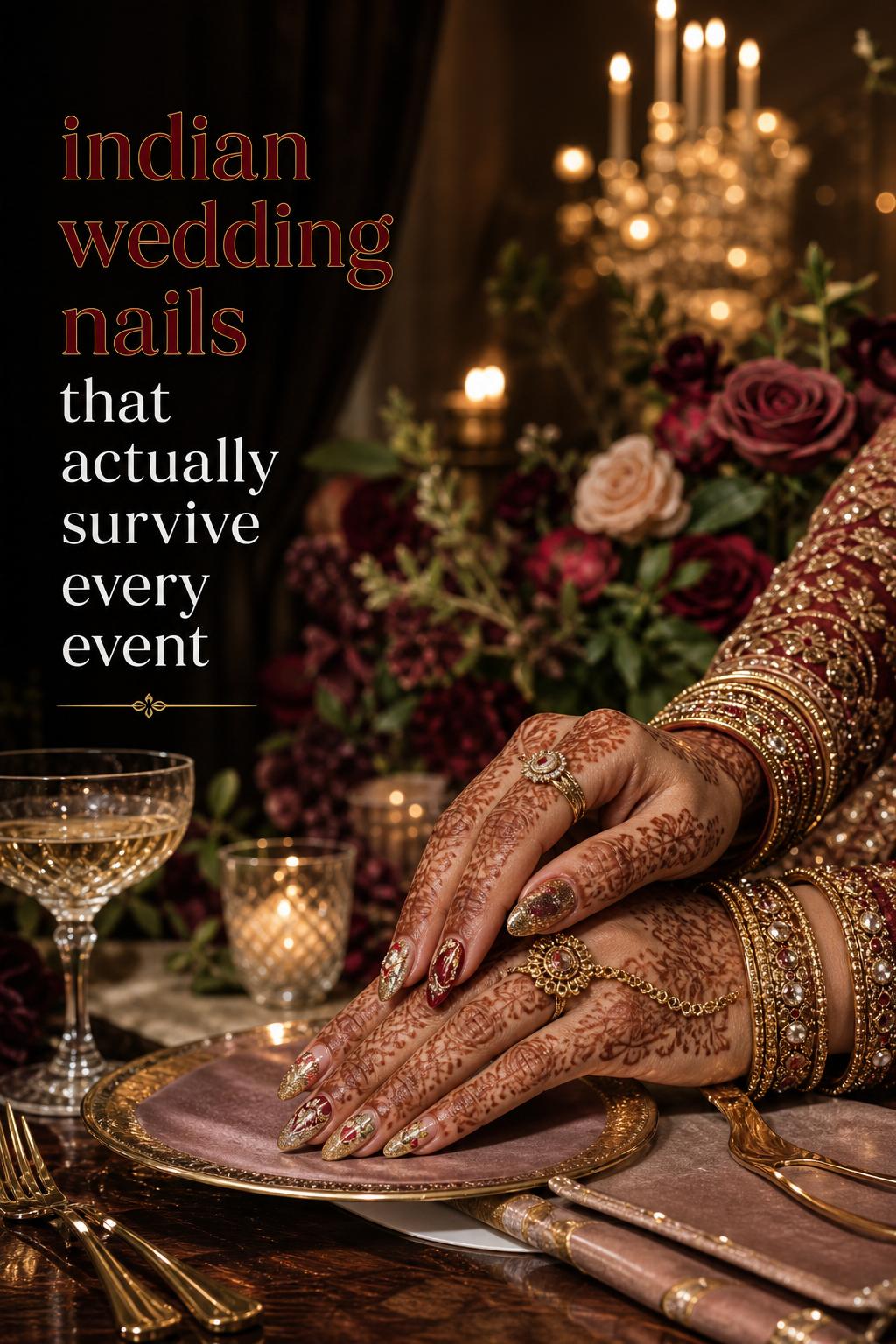 indian wedding nails close-up of bride’s mehndi hands with red-gold manicure, bangles, rings on candlelit reception table
