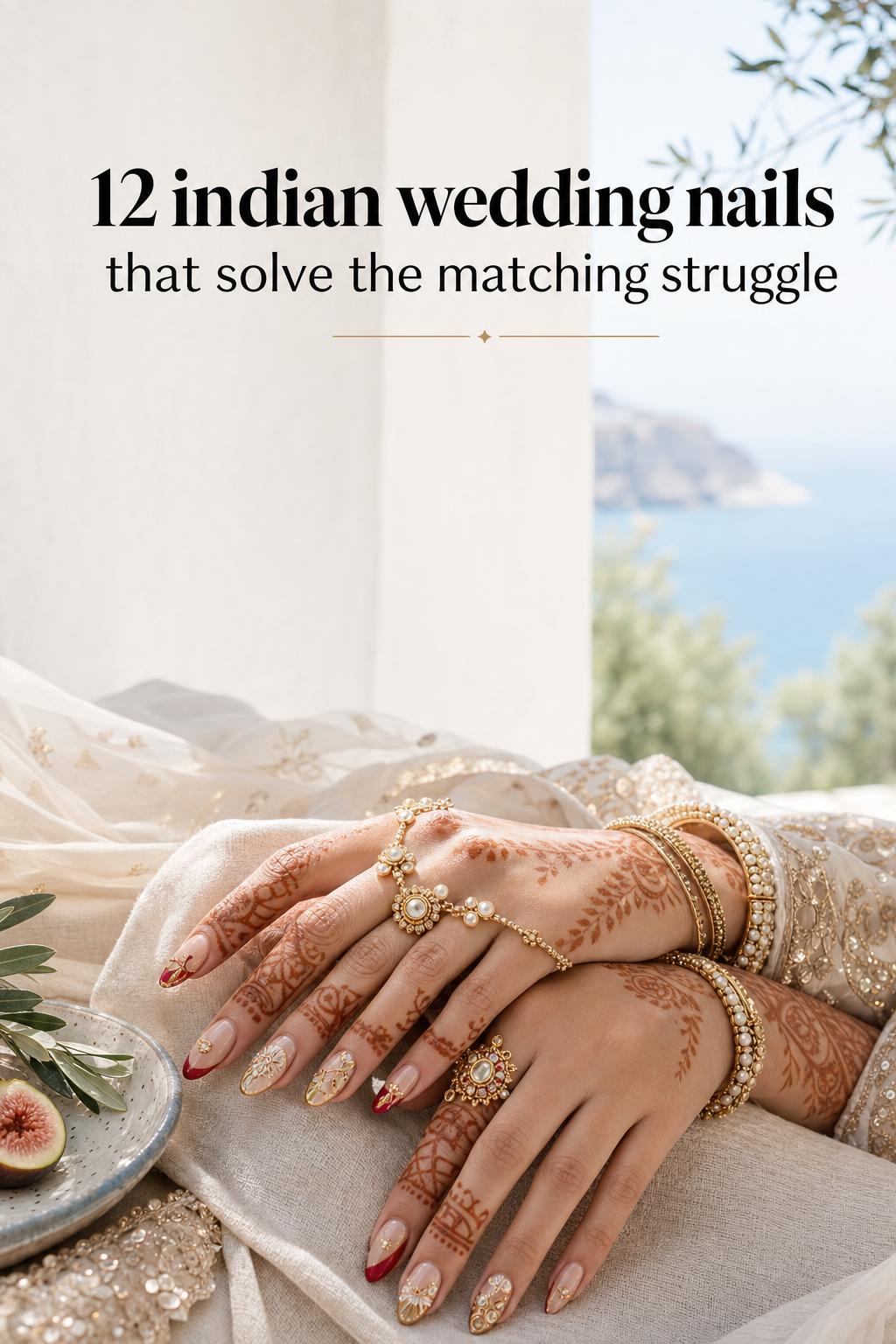 Indian wedding nails with intricate mehndi-inspired gold and red bridal nail art, photographed in soft natural light
