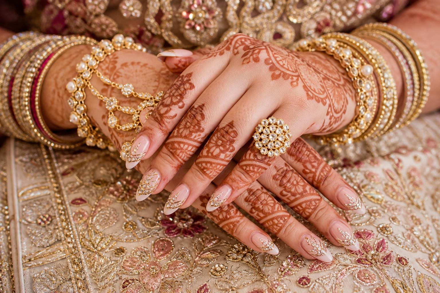 Indian wedding nails with glossy red polish, gold foil accents, and delicate crystals in a close-up bridal hand shot