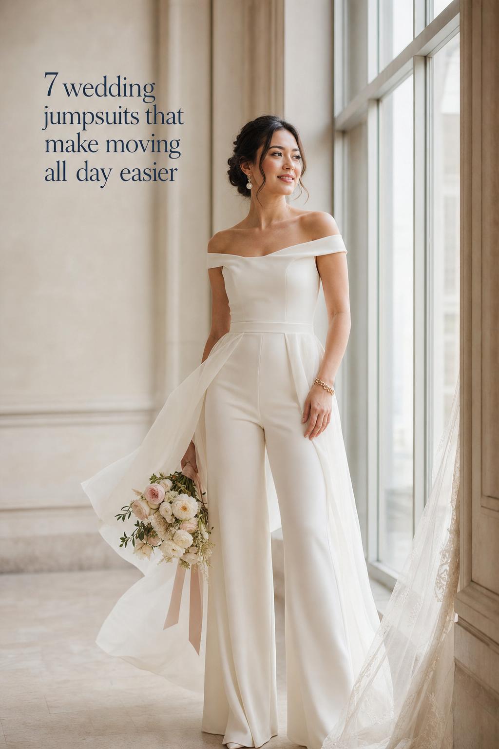 Bride in ivory crepe wedding jumpsuits by a tall window with soft organza movement, modern editorial bridal style