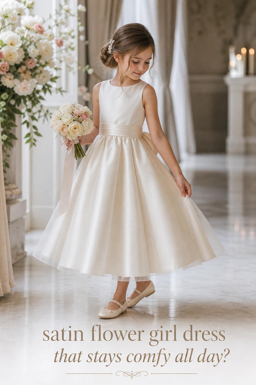 Flower girl in an ivory satin flower girl dress holding a small bouquet in a bright, romantic wedding venue