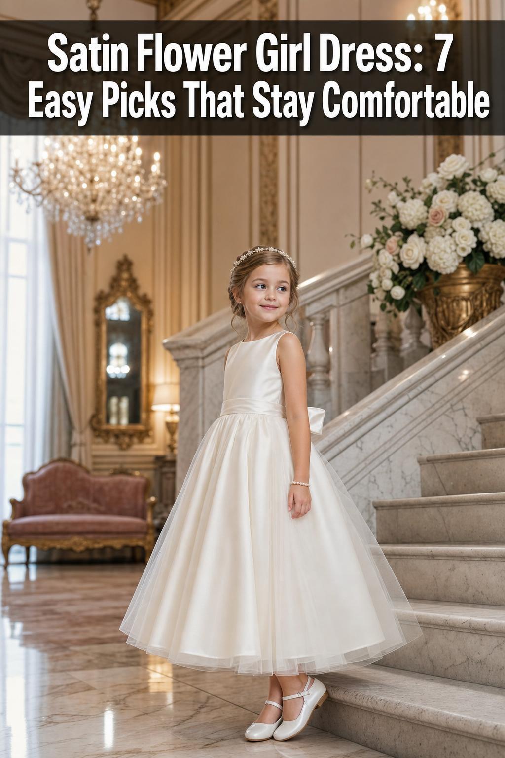 Satin flower girl dress in soft ivory with a full skirt, perfect for weddings and formal celebrations.
