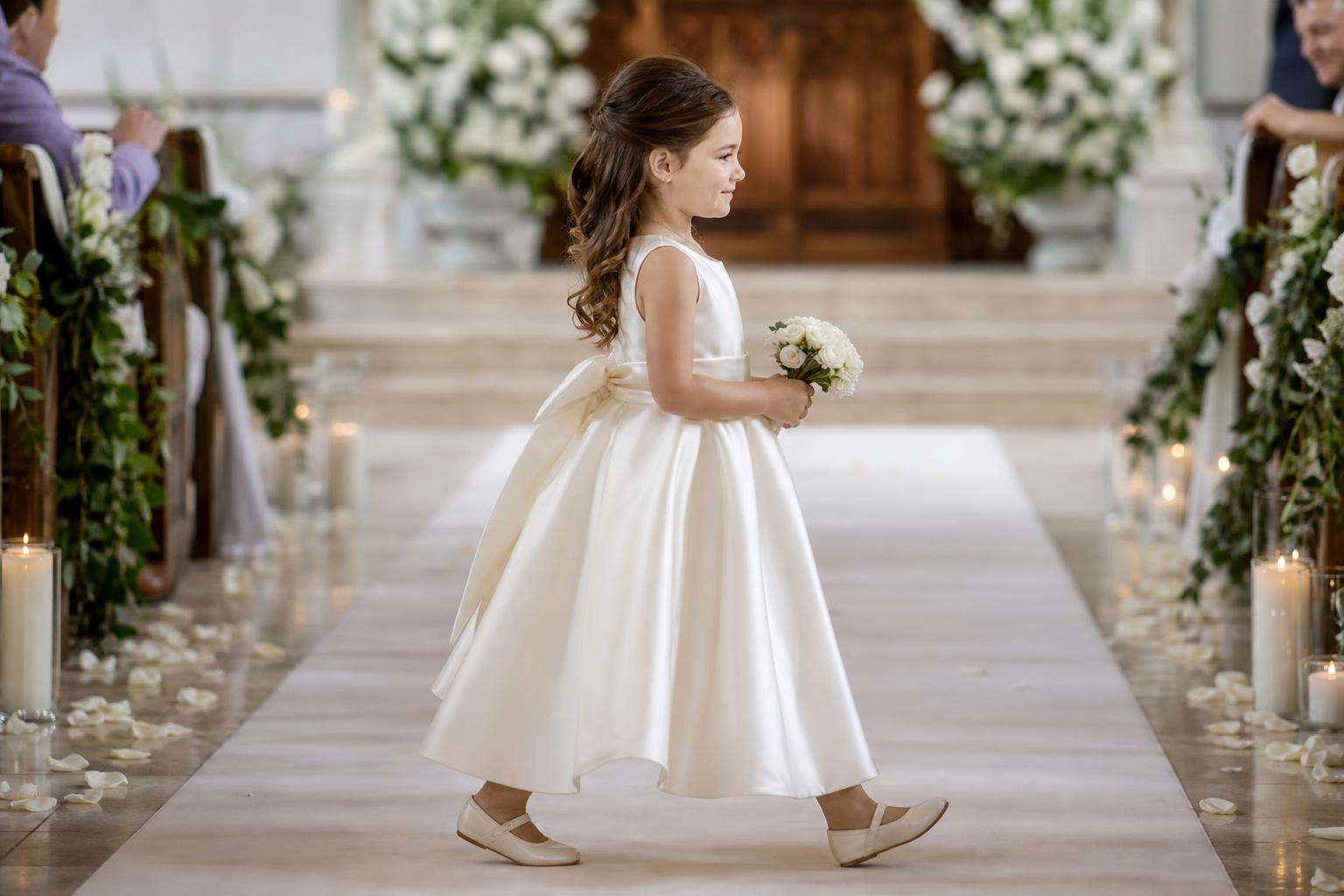 Ivory satin flower girl dress with satin sash and bow, photographed in soft wedding light for a classic aisle look