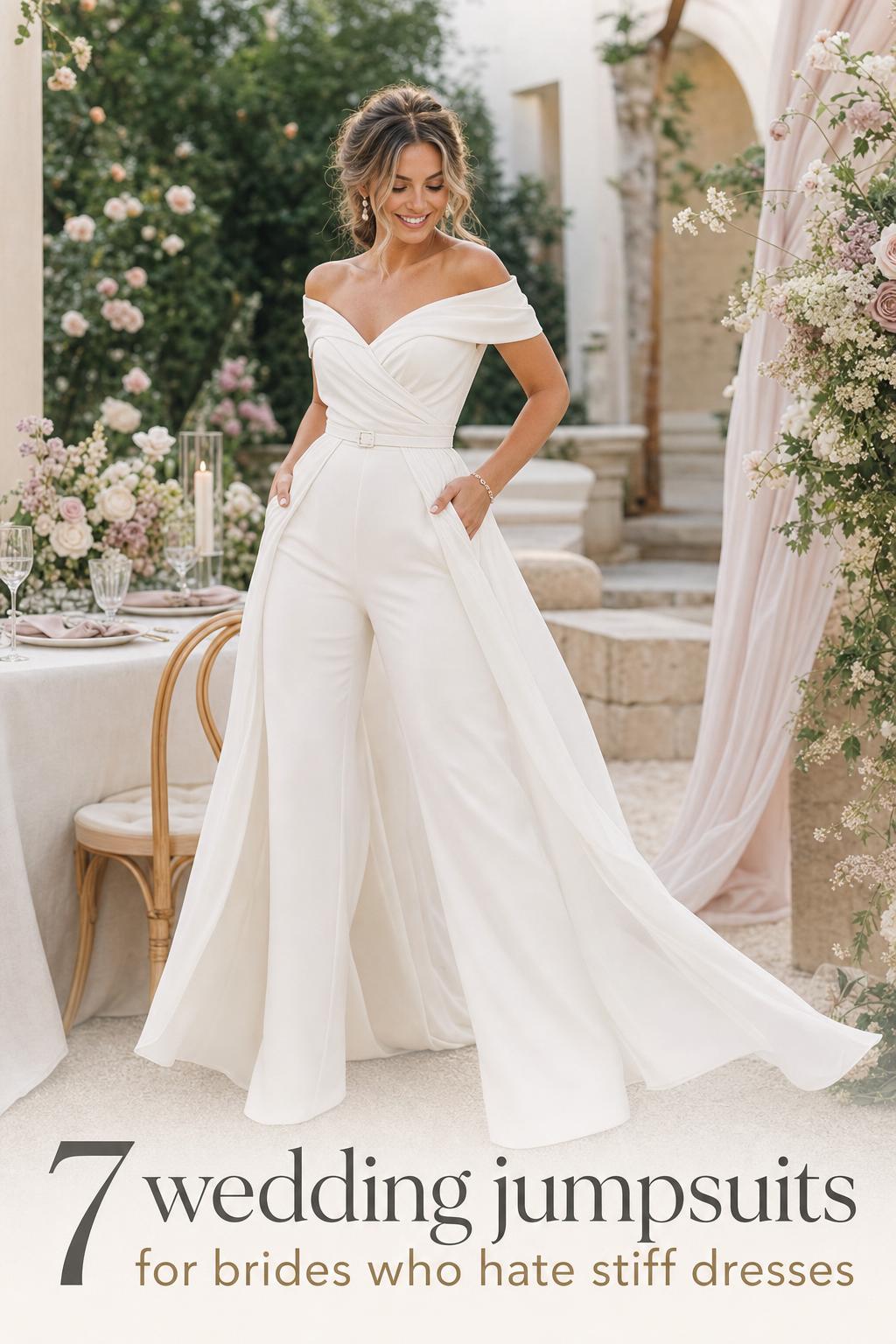 Bride in elegant ivory wedding jumpsuits on a garden terrace beside a refined outdoor reception setup in soft daylight