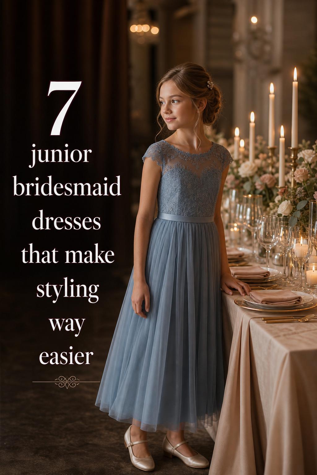 Junior bridesmaid dresses in dusty blue chiffon at a candlelit wedding reception table with warm glow and elegant details