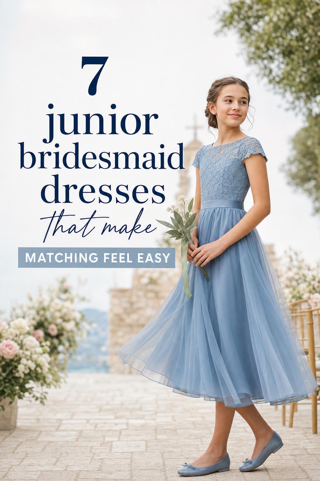 Junior bridesmaid dresses editorial photo of a preteen in a dusty blue chiffon dress at a luxury garden wedding aisle
