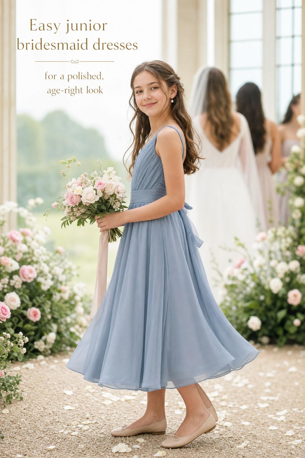 Junior bridesmaid dresses inspiration: early-teen in dusty blue chiffon A-line dress by garden aisle, soft fine art light