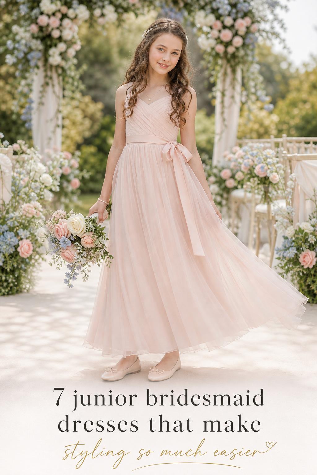 Junior bridesmaid dresses in pastel chiffon A-line style, preteen girl in a light-filled garden wedding aisle