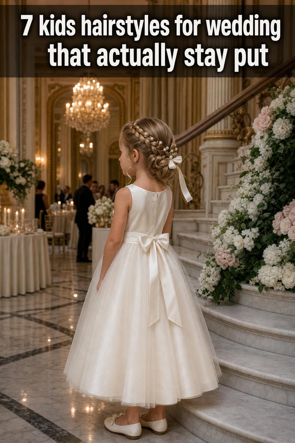 Kids hairstyles for wedding with elegant braided updo and soft curls, perfect for a flower girl or young guest.